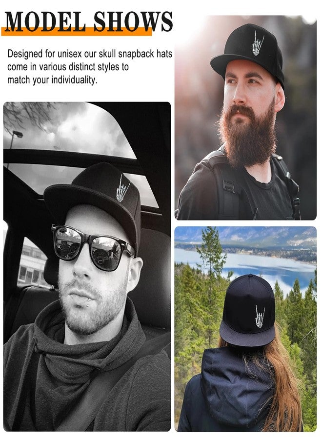 viofre Embroidery Flat Bill Brim Hats for Men Snapback Hats for Men Skeleton Skull Finger Hat Black Baseball Caps Mens Fitted Hats Adjustable Skateboard Snap Back Cap Dad Trucker Hat Hip Hop Mens Women - Image 4